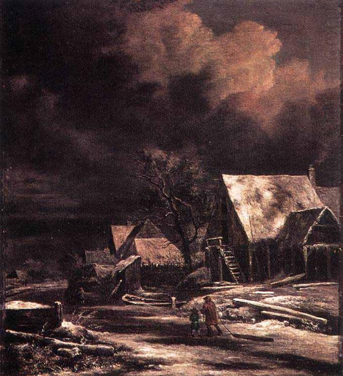 Village in Winter by Moonlight, Jacob Isaacksz. van Ruisdael